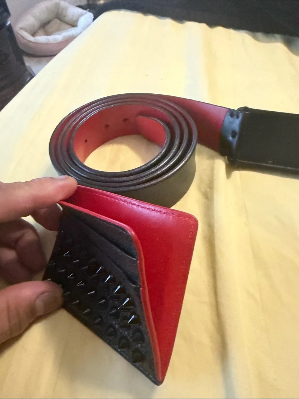 Christian Louboutin Black Leather Belt with Red Trim & Credit Card wallet.